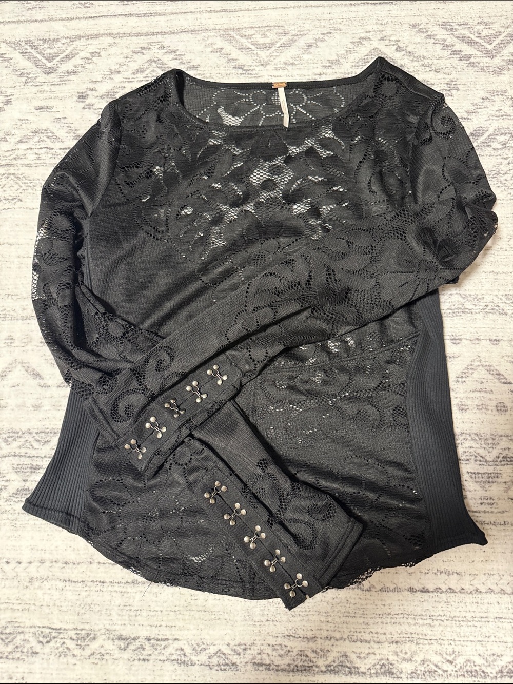 Free People Black Lace Long Sleeve Top with Hook-and-Eye Cuff Details
